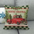 Detail of Country Christmas pillow cover with vintage red truck and green plaid border - Red Van and Dog (7)