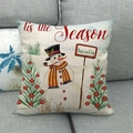 Linen Christmas snowman throw pillow cover with rabbits and festive pine trees for sofa - Snowman And Baby Rabbit Cozy Style