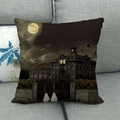 Detail of linen Halloween pillowcase with dark gothic house and full moon on a sofa - Gloomy Manor And Figures Under Moon (5)