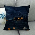 Detailed view of Halloween spooky house print on square linen pillow cover on sofa - Forest House And Pumpkin At Night (8)