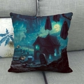 Detail of Halloween ghost house linen pillowcase showing haunted scene on gray sofa - Gravestone And Floating Ghost (9)