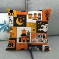 Detail of Halloween pillowcase with black cat, ghost and pumpkin print on gray sofa - Patchwork Style Festive Elements (7)