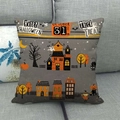 Detailed view of Halloween cushion cover with castle and ghost prints on a sofa - Gray Background Castle Ghost (9)
