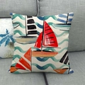 Linen cushion cover featuring nautical sailboat print on a gray fabric sofa - 18x18 Inch / Sailboat and Waves