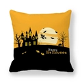 Detailed view of square Halloween pillowcase featuring black castle and bat silhouette - Orange Black Castle Witch (5)