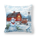 Winter country snowman and red barn illustration on white square peach skin pillowcase - Winter Farm Snowman (40)