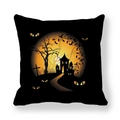 Detailed view of Halloween pillow cover featuring spooky castle and full moon motif - Spooky Graveyard Cat Eyes Castle (7)
