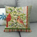 Linen Christmas pillow cover with cardinal and chickadee birds on snowy birch - 45x45cm / Cardinal and Chickadee Forest (2)