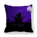 Detail of purple Halloween pillowcase with castle witch silhouette and happy halloween text - Purple Theme Castle Bat (9)