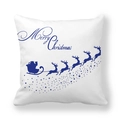 Housse de coussin carrée blanche avec motif renne bleu et imprimé Merry Christmas - Traîneau du Père Noël bleu (5)