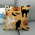 Halloween kussenhoes met pompoen schedel en vleermuis op oranje linnen textuur - Oranje Skelet Pompoen (3)