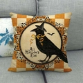 Halloween raven cushion cover with orange checkerboard pattern on grey sofa - 18x18 Inch / Orange Checker Raven with Hat Style (18)