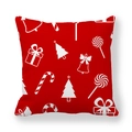 Funda de cojín navideña roja con motivos blancos de árboles y campanas festivas - 45x45cm / Fondo Rojo Elementos Navideños