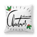 Dettaglio della federa natalizia con calligrafia Wish you a merry Christmas e agrifoglio - 45x45 cm / Illustrazione Merry Christmas Scritta a Mano (9) / Bianco