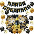 Set decorazioni Capodanno con striscione Happy New Year, bottiglia vino e palloncini oro - Set di Striscioni per Bottiglie di Capodanno