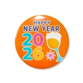Detail of 2026 Happy New Year badge with orange background and beer glass icon - 58mm / New Year Orange Style 1