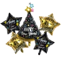 Set di palloncini a stella Happy New Year oro e neri per decorazioni di festa di Capodanno - Set Grappolo di Stelle a Guglia Oro Nero (Set Capodanno 3)
