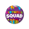 Purple Birthday Squad round tinplate badge with balloons and gift box decorations - Style B