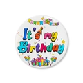 Round 58mm Birthday party badge with It's my Birthday text and colorful balloons - Style 1
