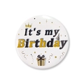 58mm white and gold It's my Birthday tin badge with party hat and gift box design - It's my Birthday (Crown Gold Black Style 2)