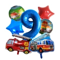 7-piece fire truck birthday party balloon set with number 9 and foil fire engines - 9th Birthday Set