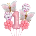 Detailed 7-piece set including pink number 1, butterfly, and flower foil balloons - Number 1 Set (Set 1)