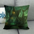 Linen throw pillow cover with mysterious dark green forest cabin illustration for home decor - Fantasy Forest Wooden House (10)