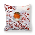 Detailed macro view of watercolor robin and red berry print on soft square pillowcase - 18x18 Inch / Robin with Snow Red Berries (Style 6)