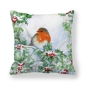 Macro detail of Christmas robin cushion cover with soft watercolor berry branch print - 18x18 Inch / Round Robin on Holly Branch (Style 7)