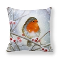 Close-up of robin bird and red winter berries watercolor print on square pillowcase - 18x18 Inch / Robin on Berry Branch after Snow (Style 8)