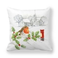 Detail of Christmas robin pillowcase with watercolor winter village and mailbox print - 18x18 Inch / Robin with Postbox and Church (Style 19)