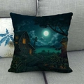 Halloween farmhouse night scene linen pillow cover with scarecrow and pumpkins - Farm Night And Scarecrow (12)
