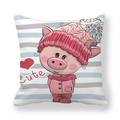 Détail de la housse de coussin en peau de pêche avec un petit cochon mignon et rayures - 45x45 cm / Style Petit Cochon Rose à Rayures (16)