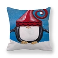Funda de cojín navideña de piel de melocotón con pingüino animado y gorro de invierno - Estilo Pingüino con Gorro Rojo Largo (2)