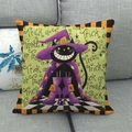 Halloween pillow cover with black cat in wizard hat and orange striped edges - Green Witch Cat Stripe Border (17)
