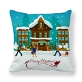 Square Christmas peach skin pillowcase with snow scene house and Merry Christmas print - White Background Winter Building Illustration