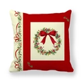 Macro detail of Christmas pillow cover with red berry wreath and festive bow print - Wreath and Red Bow Pattern (7)