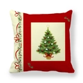 Detail of red and beige Christmas tree pillowcase with festive holly ribbon decoration - Christmas Tree with Red Border Pattern (8)