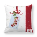 Detail of red wavy trim and Christmas gift tag print on white peach skin pillowcase - Blue Gift Tag and Stocking Pattern (11)