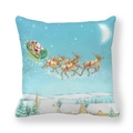 Detail of Christmas peach skin pillow cover with Santa Claus and reindeer sleigh illustration - Santa Sleigh Flying over Village (21)