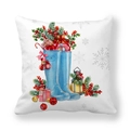 Détail de taie d'oreiller de Noël avec bottes à l'aquarelle, baies et cadeaux - Bottes Bleues et Décoration de Noël (14) / 45x45cm