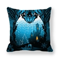 Winter fantasy castle design on square peach skin pillowcase in deep blue and black colors - Blue Castle Snow Scene