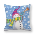 Close-up of peach skin fabric cushion cover with watercolor snowman playing a golden trumpet - 45x45cm / Snowman Blowing Trumpet (6)