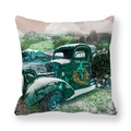 Close-up of vintage Christmas truck pattern on soft peach skin fabric cushion cover - 18x18 Inch / Style 16-Green Truck Snow Village