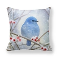 Robin bird cushion cover with blue songbird and red berries on a snowy branch - 18x18 Inch / Blue Songbird Snow Scene (Style 14)