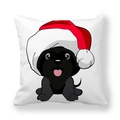 Funda de cojín blanca navideña con un lindo perro negro y gorro de Papá Noel rojo - Perro Negro con Gorro de Papá Noel (1)