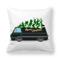 Close-up of peach skin Christmas pillow cover with vintage van and tree graphic - Retro Van Christmas Tree Style (16)