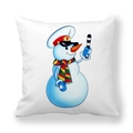 Close-up of peach skin cushion cover with colorful cartoon snowman illustration - Blue Red Uniform Hat Snowman with Baton (5)