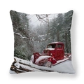 Vintage red Christmas truck in snowy forest printed on square peach skin pillowcase - Forest Red Truck (2) / 45x45cm