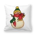 Detail shot of the soft peach skin texture and festive snowman print on a square pillowcase - Yellow Green Hat Snowman Red Heart Scarf (8)